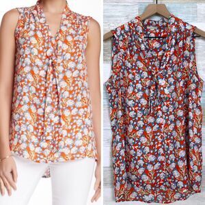 Pleione Crepe Tie Neck Tunic Blouse Orange Floral Sleeveless Womens Small